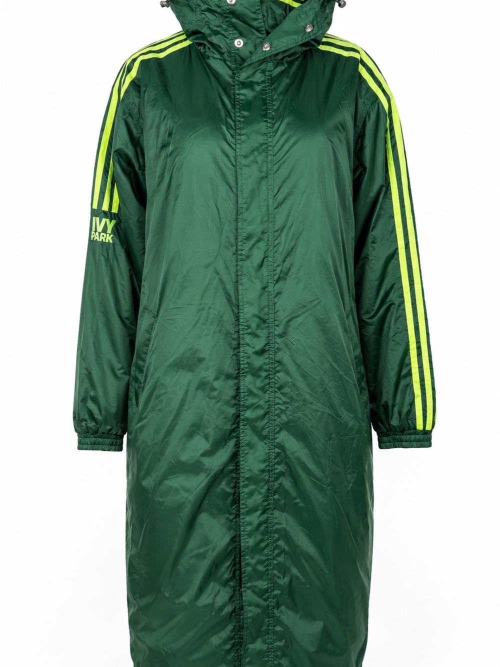 IVY PARK Forest Green Long Hooded Windbreaker with Neon Lime Stripes